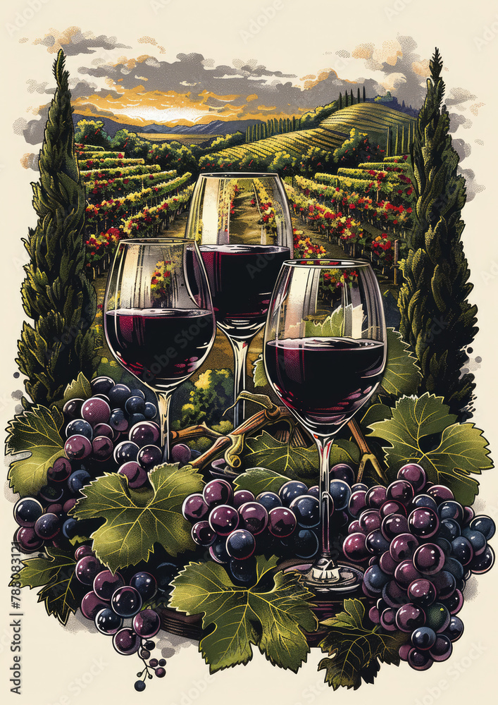 Elegant Wine Tasting Still Life with Vineyard Backdrop