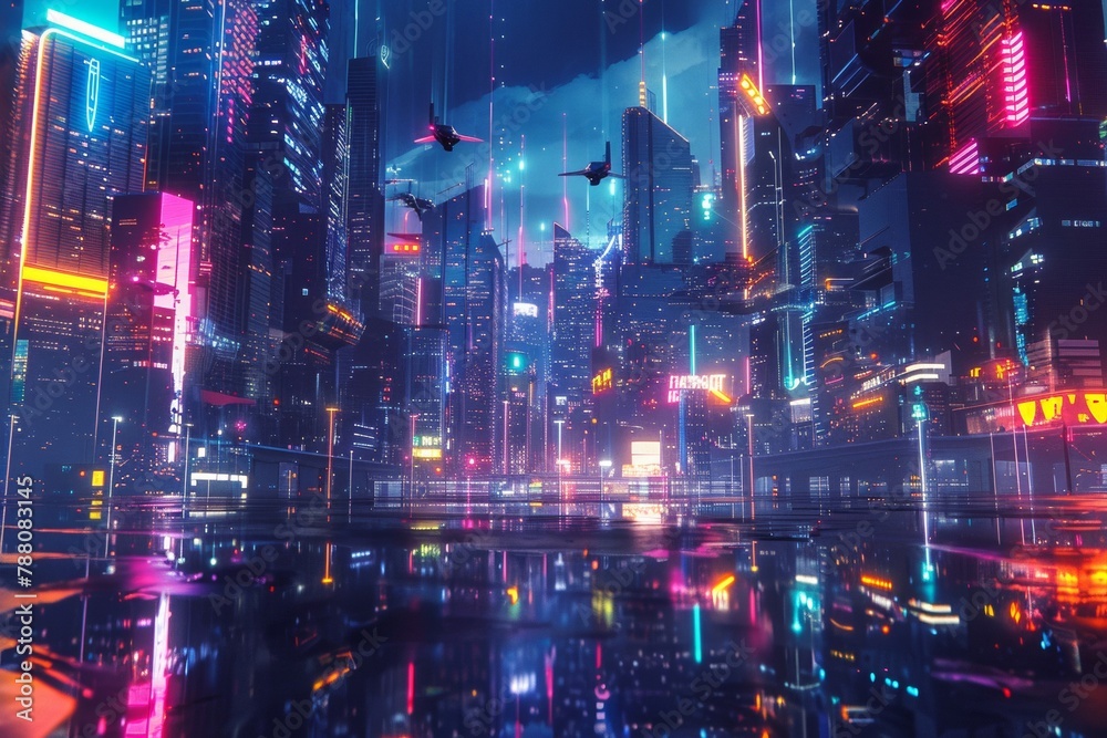 A sleek and futuristic cityscape with towering skyscrapers, flying vehicles, and neon lights casting colorful reflections on the streets below
