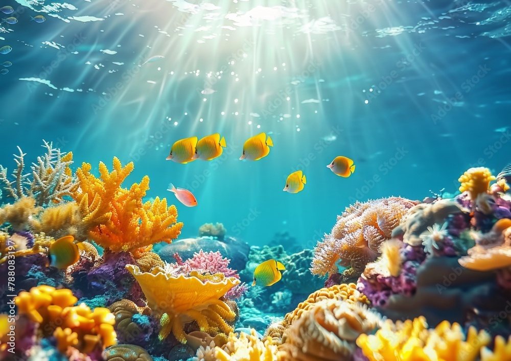 Naklejka premium A colorful coral reef teeming with various fish species.