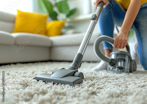 Woman cleaning with vacuum cleaner carpet in the living room at home. photo