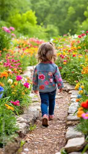 A girl walks down a path in a garden full of flowers