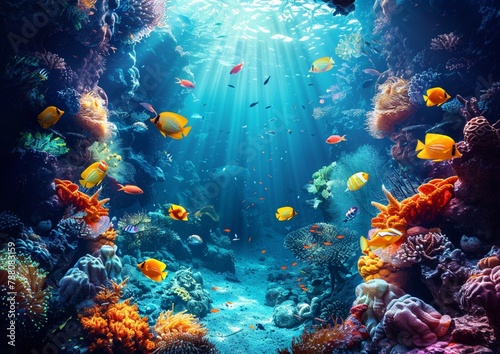 A colorful coral reef teeming with various fish species.