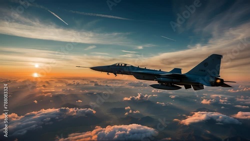 Jet fighter soars into a sunset sky above the clouds. Generative AI Video. ProRes LT 59.94 FPS is available in 4K 16:9. photo