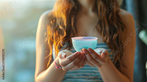 girl holding menstrual cup,  Copy Space, World Menstrual Hygiene Day On May, 28.  photo