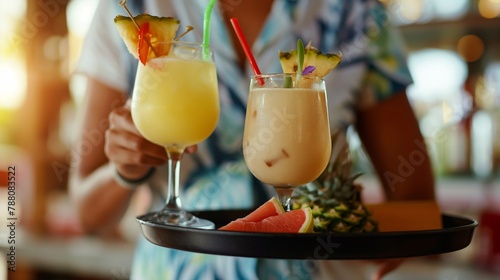 two cooling delicious tropical smoothie drinks on a fruit tray. hotel service for an unforgettable happy holiday and relaxation on vacation for visitors