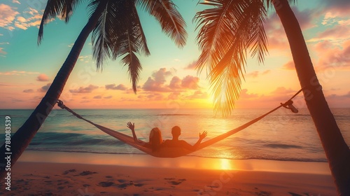 incredibly beautiful golden sunset over the ocean. Man and woman in love enjoying natural views on a hammock on the beach