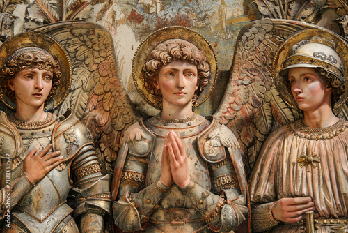 Angels and Knights Renaissance Art. Generated Image. A digital rendering of Renaissance art featuring the theme of angels and knights.