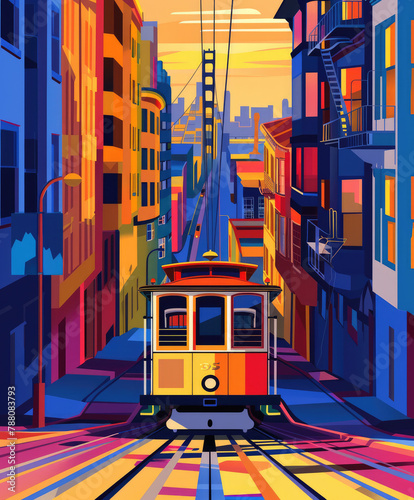 Vintage Cable Car on San Francisco Street with Golden Gate Bridge View