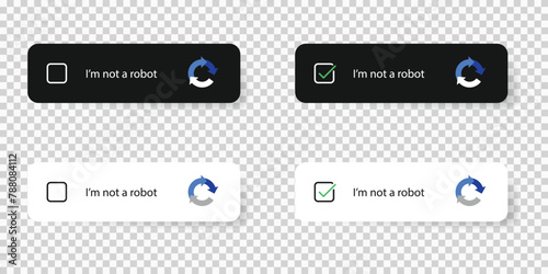 I'm not a robot captcha button set. Dark and white buttons. Website security form. Vector EPS 10