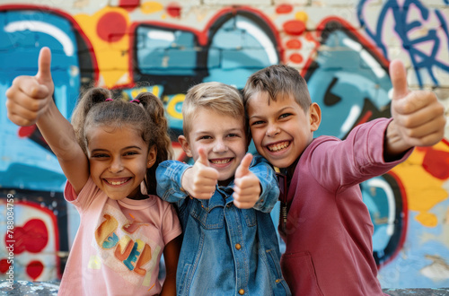 happy children, one boy and two girls of the same age in jeans with their thumbs up against graffiti on background