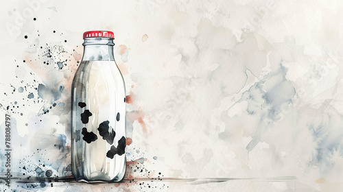 world milk day , a glass bottle of milk with cow print on  neutral background , space for text , card , banner, poster  photo