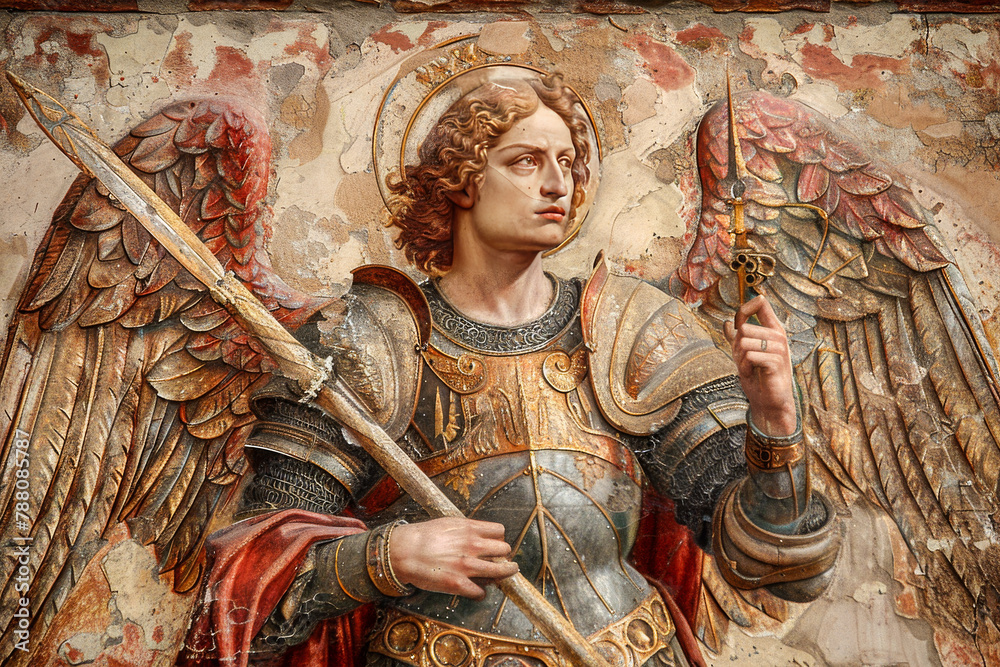 Naklejka premium Angels and Knights Renaissance Art. Generated Image. A digital rendering of Renaissance art featuring the theme of angels and knights.
