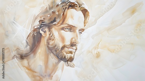 A Majestic Watercolor Portrait of the Serene and Compassionate Christ Illuminated in Ethereal Light,Watercolor Biblical Illustration photo