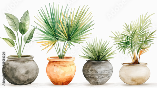Four potted plants with different shapes and sizes are arranged in a row