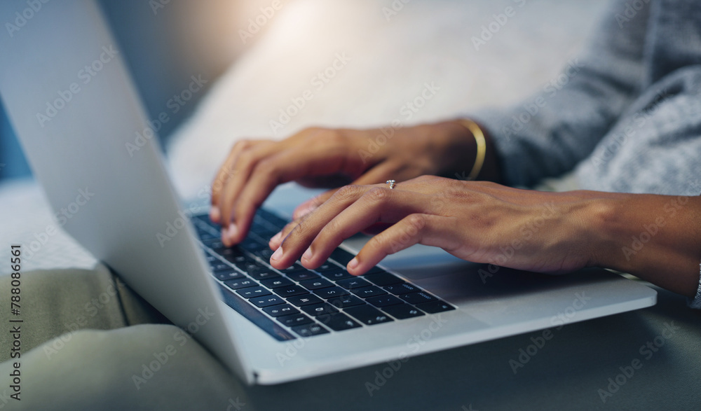 Writer, house or hands of person on laptop for networking on email or online research in remote work. Typing closeup, communication or editor copywriting on blog website, feedback or internet article Writer, house or hands of person on laptop for networking on email or online research in remote work. Typing closeup, communication or editor copywriting on blog website, feedback or internet article