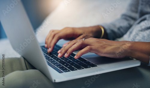 Writer, house or hands of person on laptop for networking on email or online research in remote work. Typing closeup, communication or editor copywriting on blog website, feedback or internet article