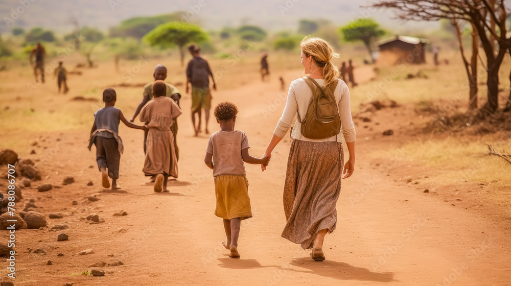 A teacher on a walk with African children near a village, rear view.