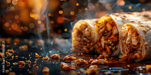 Delicious Mexican burritos with smoke on a dark background concept for spicy food menu photo