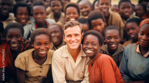 White smiling man teaching African happy children in school class.
