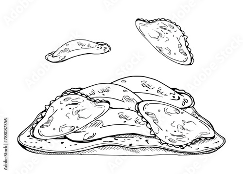 Hand drawn ink vector illustration, traditional meat vegetable filled pie dumpling empanadas turnover. Composition isolated on white background. Design travel, cafe restaurant menu, brochure, print