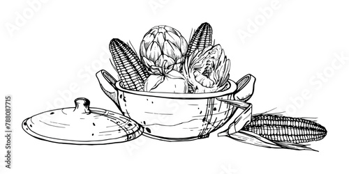 Hand drawn ink vector illustration, cooking pot ceramics vegetable stew maize corn quinoa, south american cuisine Composition isolated on white background. Design travel, vacation, brochure, print
