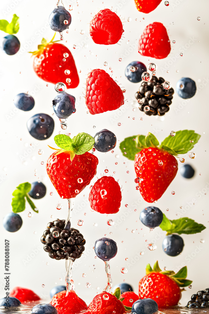 Close-up of ripe strawberries, blueberries, and blackberries mid-air with a splash of water, creating a fresh and dynamic scene of summer fruits Close-up of ripe strawberries, blueberries, and blackberries mid-air with a splash of water, creating a fresh and dynamic scene of summer fruits