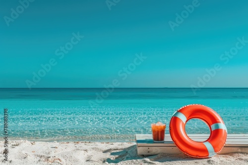 beach. sea, blue water. orange lifebuoy. cold drink with ice. tea, cocktail. Vacation. Rest. Journey. advertising of tours.