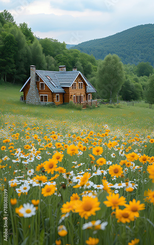 A Beautiful Romantic House Amidst Grassy Fields and Distant Flowers