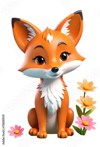 3d fox cartoon character with flowers Isolated On Transparent Background, PNG File Add