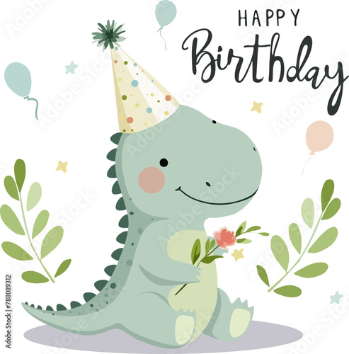 birthday card or poster with a cute dinosaur in a cap