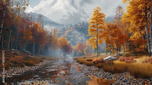 Autumn forest, mountain. Generative AI.