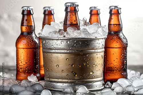 Assorted beer bottles and containers with ice on a white background are ideal for a refreshing drink.