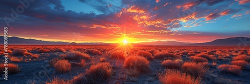 A serene sunset paints the sky over the vast grassy desert landscape.