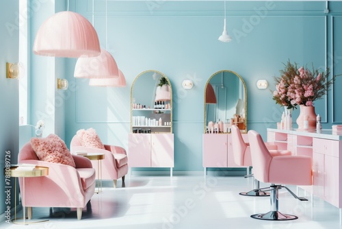 Modern salon interior with modern hairdressing equipment, mirror and comfortable chair.