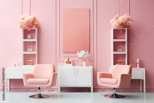 Contemporary salon interior design with modern furniture  hot pink accents and a cozy atmosphere.