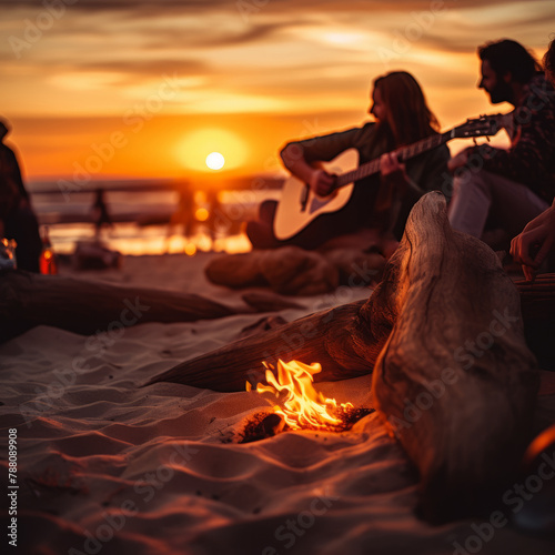 Beachside Serenade: Guitars and Campfire at Sunset