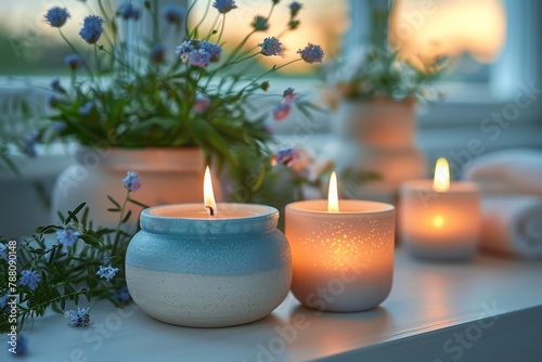Lit candles paired with fresh flowers on a windowsill during twilight, creating a calming atmosphere
