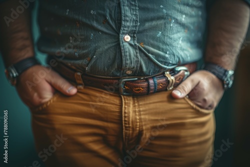 A man stands with hands in pockets, showcasing a detailed view of his unique belt and fashionable attire against a blurred background photo
