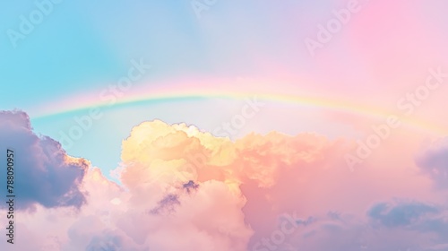 rainbow in the sky fluffy shining clouds   cotton  pink purple pastel colors