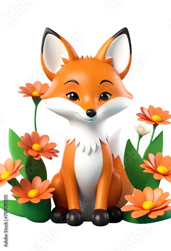 3d fox cartoon character with flowers Isolated On Transparent Background, PNG File Add
