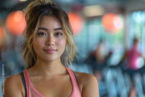 A portrait of a smiling, young Asian woman in a gym environment, radiating sincerity Free Download A portrait of a smiling, young Asian woman in a gym environment, radiating sincerity - GFXLoad