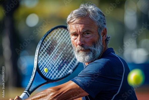 An elderly athlete captured mid-swing playing tennis, highlighting activity and athleticism in seniors © Larisa AI