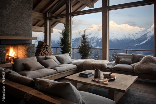 Mountain Splendor: Modern Alpine Cabin Living Room Designs with Cozy Atmosphere and Stunning Views © Michael