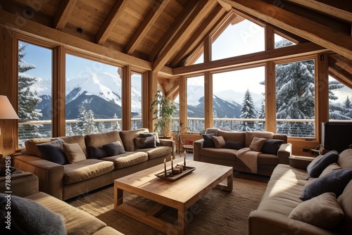 Exposed Beams & Plush Seating: Modern Alpine Cabin Living Room Designs © Michael