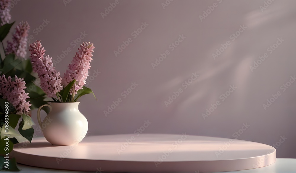 Fototapeta premium Lilac, pink flowers podium background with light and shadow for design or product display, presentation. Valentine, easter, spring, romantic, purple backdrop