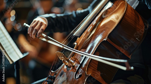Close-Up of Hands Playing Cello with Artistic Bokeh Background