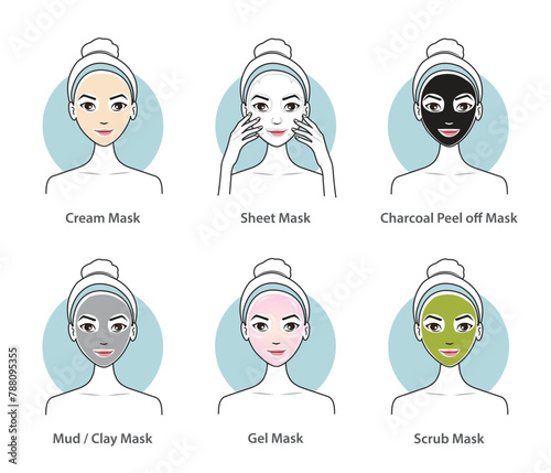 Different types of face mask vector set. Cute woman face with facial treatment mask. Cream, sheet, charcoal peel off, mud, clay, gel and scrub mask. Skin care and beauty concept illustration.