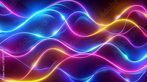 abstract background with wavy line ,Glowing pink blue red neon light in ultraviolet spectrum ,Vibrant neon fiber optic lines create an intriguing abstract texture