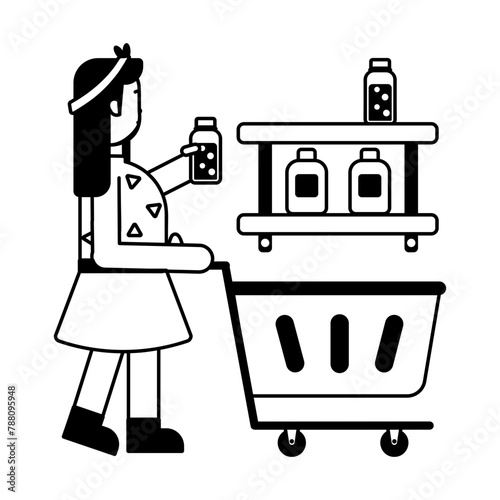 Easy to edit glyph icon of a girl doing shopping 