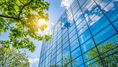 Modern eco city  sustainable glass office building incorporating tree for carbon dioxide reduction photo